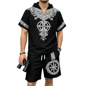 Men's Viking Tree of Life Hooded Short Sleeve Summer Outfit Casual Clothing Apparel Set