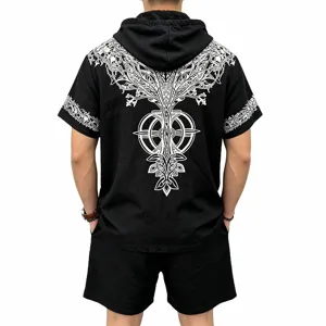 Detail of men's black hooded short sleeve set with white tree of life Viking print back.