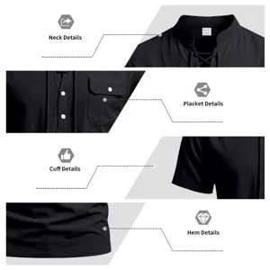 Men's black linen short sleeve henley shirt detail view, casual summer top wear.