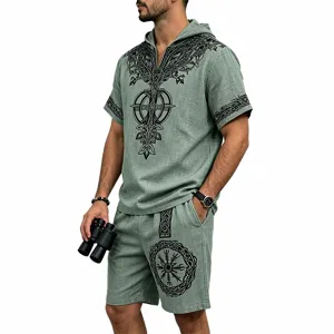 Men's linen textured Viking tree of life hooded short sleeve and shorts set casual outfit