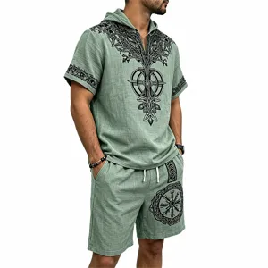 Men's viking tree of life print hooded short sleeve shirt and shorts set details view.
