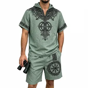 Men's slub linen-feel Viking Tree of Life hooded short sleeve shorts set casual summer outfit