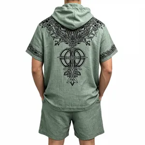 Men slub linen Viking Yggdrasil tree of life hooded short sleeve shorts set casual streetwear.