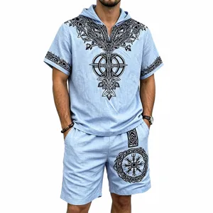 Men's linen-feel Viking tree of life hoodie short set casual summer 2026 new fashion