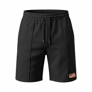 Men's black waffle knit shorts casual summer beach streetwear drawstring five point shorts