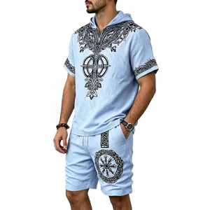 Men Viking Tree of Life hooded short sleeve shirt shorts set detail view, casual linen style.