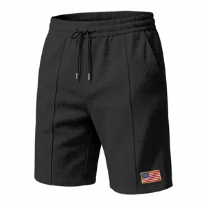 Men's Black Waffle Knit Shorts Casual Drawstring Summer Beach Five-Point Short Trousers