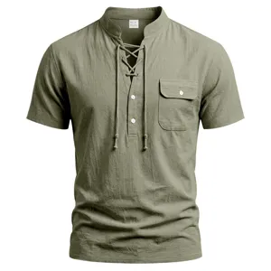 Men's casual olive green linen blend henley shirt detail, short sleeve with front pocket.
