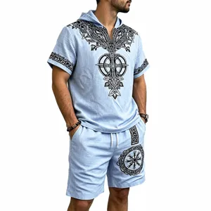 Men's linen-blend Viking Yggdrasil hoodie short sleeve and shorts set detailed view.