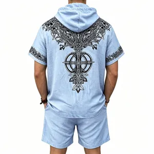 Detail view of men's Viking tree of life hoodie and shorts set in light blue fabric.