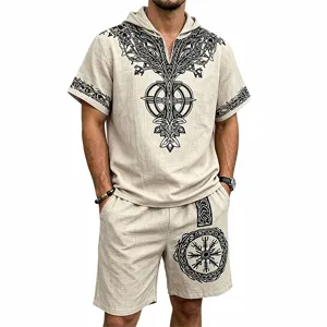 Men slub linen Viking tree of life hooded short sleeve shorts set casual summer outfit new