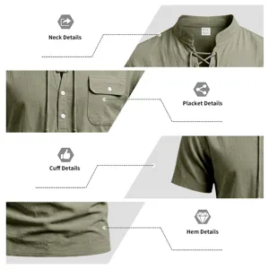 Close-up details of the green linen short-sleeve henley shirt showing collar and buttons.