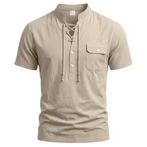 Men casual short sleeve linen shirt with lace up collar and chest pocket summer top