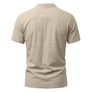 Back view detail of casual mens short sleeve linen shirt, showing collar and texture.