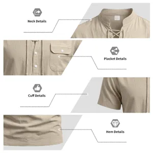 Close-up view of the men's casual linen short-sleeve shirt showcasing neckline and placket details.