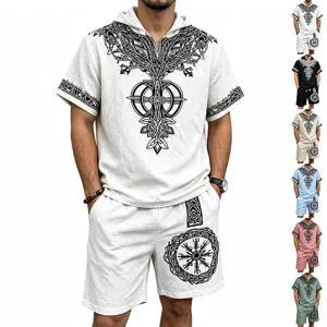 Men's Nordic Viking Tree Of Life Printed Short Sleeve Hoodie And Shorts Set Summer Casual Slub Linen Texture Outfit