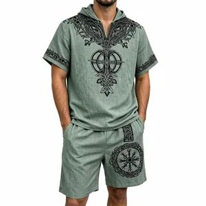 Men's linen-blend Viking Yggdrasil tree short sleeve hoodie and shorts athletic set streetwear