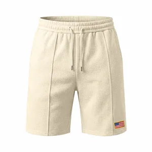 Men waffle shorts casual beach summer loose fit elastic drawstring five quarter shorts beige