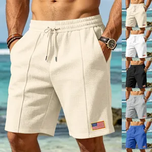 Men's Casual Waffle Shorts Summer Sports Beach Straight Fit Drawstring Breathable Polyester Athletic Short Pants