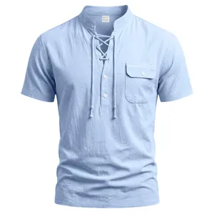 Light blue linen-blend henley shirt detail view, featuring lace-up collar and chest pocket.
