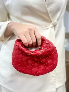 Red woven leather handbag, stylish handmade intrecciato pouch purse for women daily chic look.