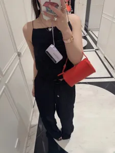 Compact red 90s cylindrical shoulder bag genuine leather minimalist stylish women handbag