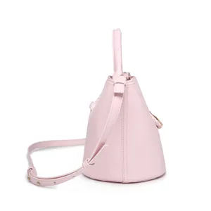 Pink bucket bag detail view, stylish design with adjustable strap, premium leather texture.