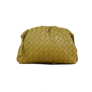 Olive green woven leather clutch bag, fashionable soft pouch design with delicate details.