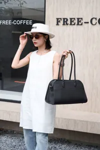 Black pebbled cowhide tote bag for women, stylish long handle minimalist shoulder bag