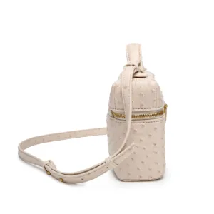 Vista detallada del bolso cosmetico vanity con patron de avestruz, perfil elegante con cremallera.
