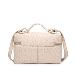 Bolso cosmetico beige con patron de avestruz, bolso bandolera vintage elegante para mujer.