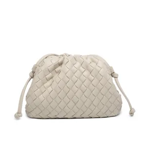 Woven leather pouch bag detail showcasing the soft pleated texture and intricate craftsmanship.