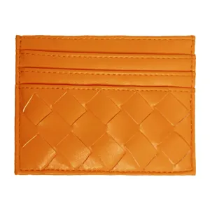 Oranje lederen kaarthouder met klassiek geweven design slanke creditcard etui portemonnee
