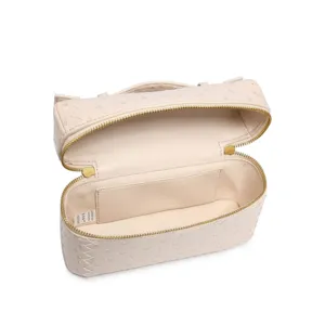 Neceser beige con patron de avestruz y detalles trenzados, estuche de maquillaje vintage mujer.