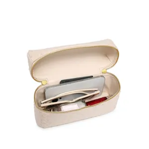 Bolso cosmetico de piel beige neceser de maquillaje trenzado elegante para mujer uso diario