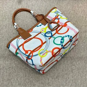 Fashionable colorful canvas tote bag with leather trim and equestrian graffiti print large capacity
