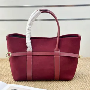 Bolso shopper de ante burdeos de lujo para mujer, bolso de mano de piel nubuck clásico.