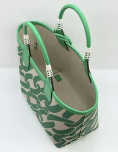 Green beige canvas leather tote bag large capacity fashion stylish handbag detail view