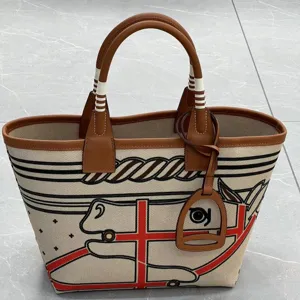 Canvas leather tote bag with equestrian horse graphic, large capacity designer handbag.