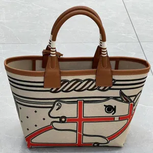 Canvas tote bag with leather handles, horse bridle graphic pattern, large capacity handbag.