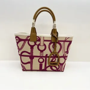 Canvas tote bag with top layer cowhide handles, purple equestrian print, large capacity handbag.