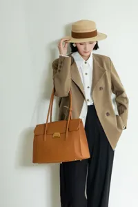 Premium genuine leather commuter tote bag, vintage large capacity briefcase for women.