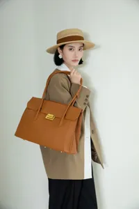 Stylish top grain leather women commute shoulder bag retro large capacity laptop briefcase