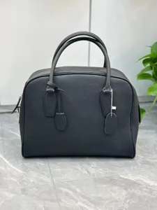 Black genuine leather bowling handbag, textured top handle bag with large capacity for women.