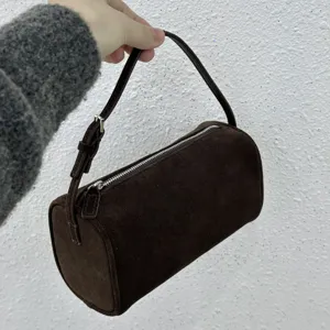 Brown suede 90s shoulder bag vintage barrel handbag for women minimalist daily purse