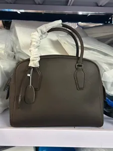 Brown genuine leather bowling bag top handle handbag vintage style daily shoulder bag for women