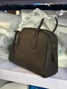 Classic dark brown leather bowling handbag, large capacity top handle fashion women bag.