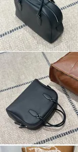 Black genuine leather bowling bag large capacity top handle tote minimalist designer shoulder bag