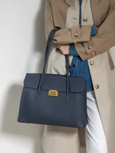 Premium genuine leather tote bag for women, large capacity retro work briefcase with lock.