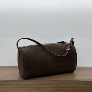 Brown suede shoulder bag minimalist 90s vintage barrel handbag for women daily chic